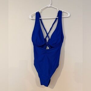 Shade & Shore Royal Blue One‎ Piece Swimsuit Size L Plunge V Cutout Strappy Back